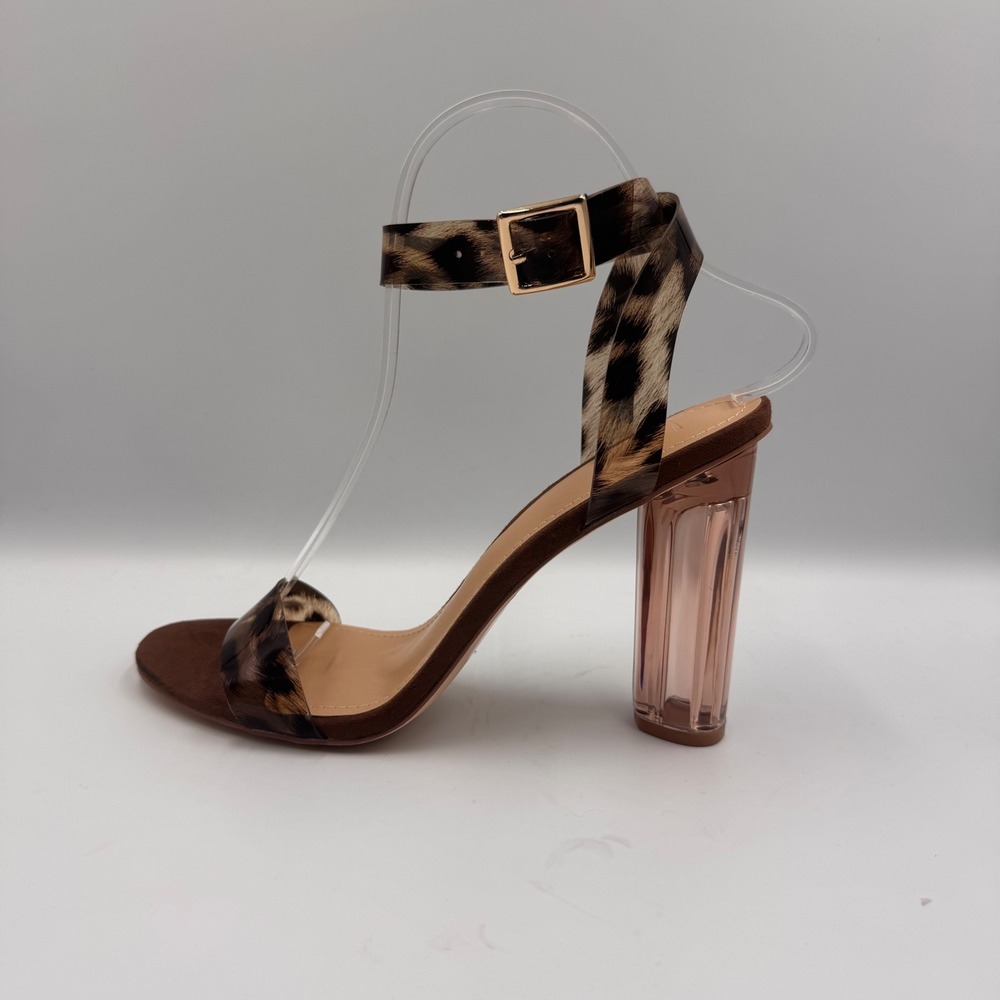 NEW Hanna Leopard Print Lucite Block Heel Ankle Strap Sandals Brown Size 8
